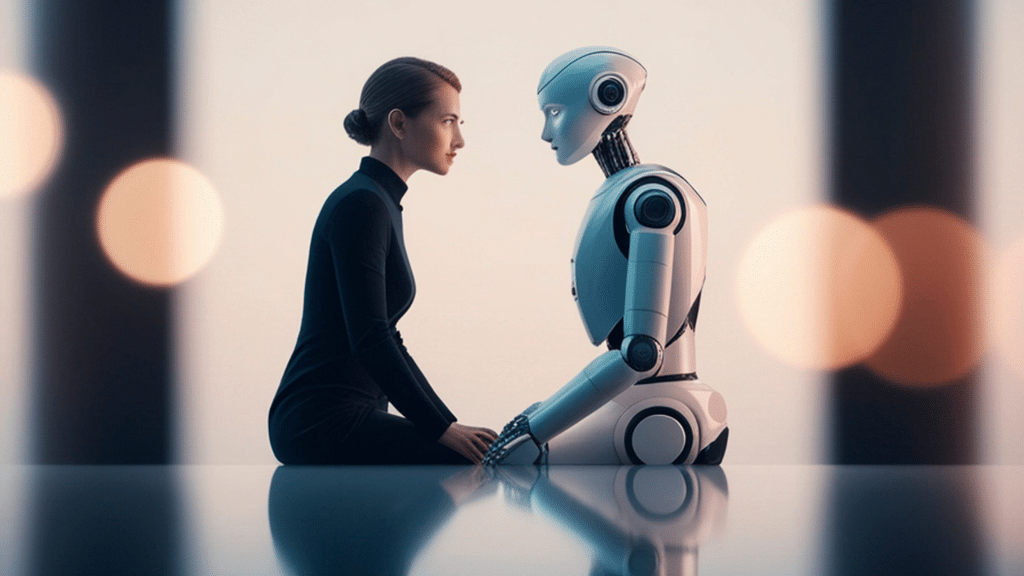 Persona frente a una representación digital o avatar generado por inteligencia artificial, con diferencias visuales sutiles entre ambos. gemelos digitales de IA
