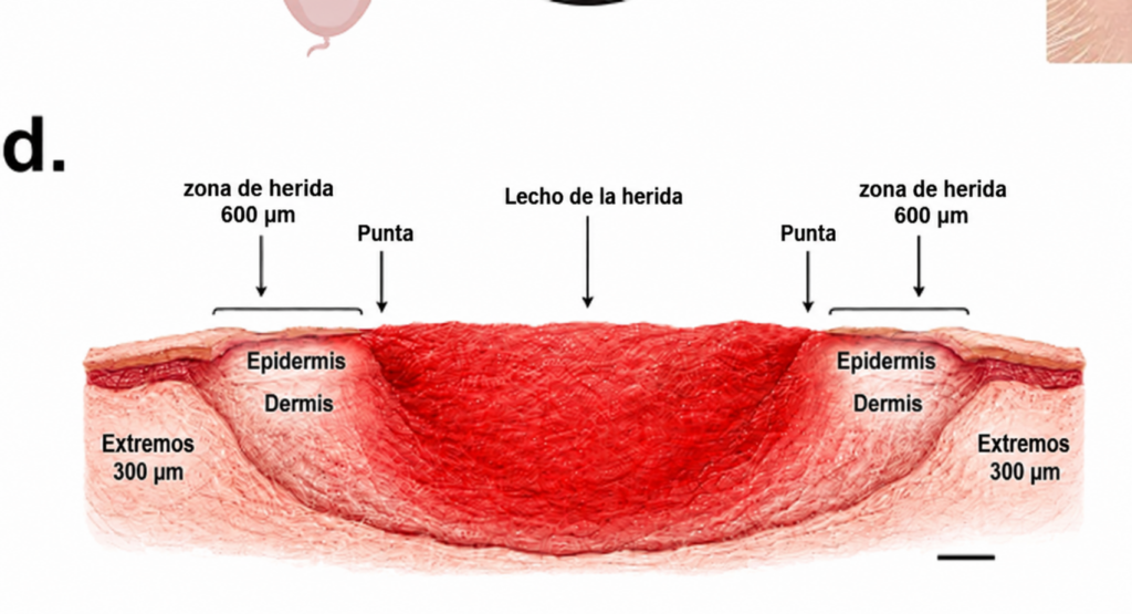 Aplicación de mitocondrias en heridas experimentales
La figura muestra cómo los investigadores administraron mitocondrias aisladas de células humanas en heridas cutáneas de cerdos. Los resultados evidenciaron mejoras en indicadores de reparación temprana del tejido. Fuente: Journal of Translational Medicine (2026). Imagen adaptada al español.