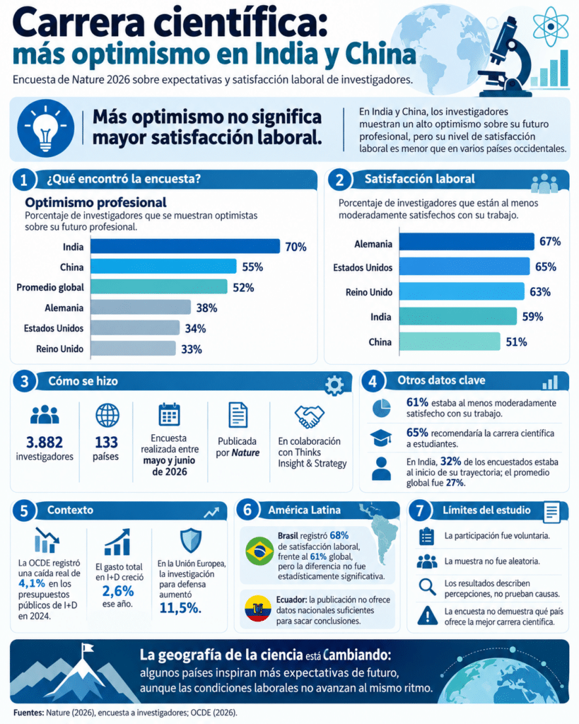 Una encuesta de Nature realizada a 3.882 investigadores de 133 países revela mayor optimismo profesional en India y China que en Estados Unidos y varios países europeos. Sin embargo, las expectativas de futuro no siempre coinciden con la satisfacción laboral. Los resultados reflejan percepciones de los participantes y no representan a toda la comunidad científica.
Fuente: Nature (2026). Infografía: DatoCiencia.